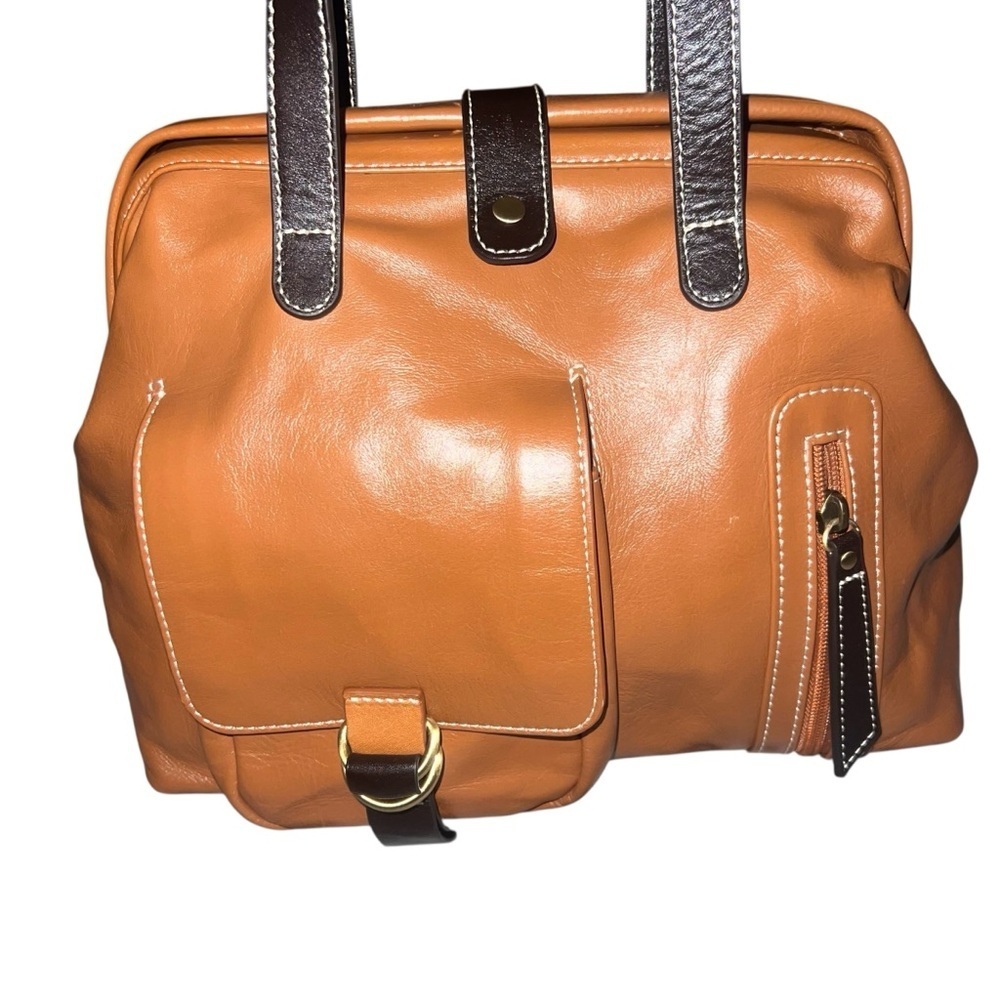 EUC NorthStyle Vintage Camel Leather Hinge Top Tote Bag Deep Chocolate Handles